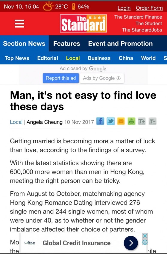 Speed Dating HKRD 媒體報導 - The Standard: Man, it's not easy to find love these days - matching、配對、約會、交友、結識異性專家
